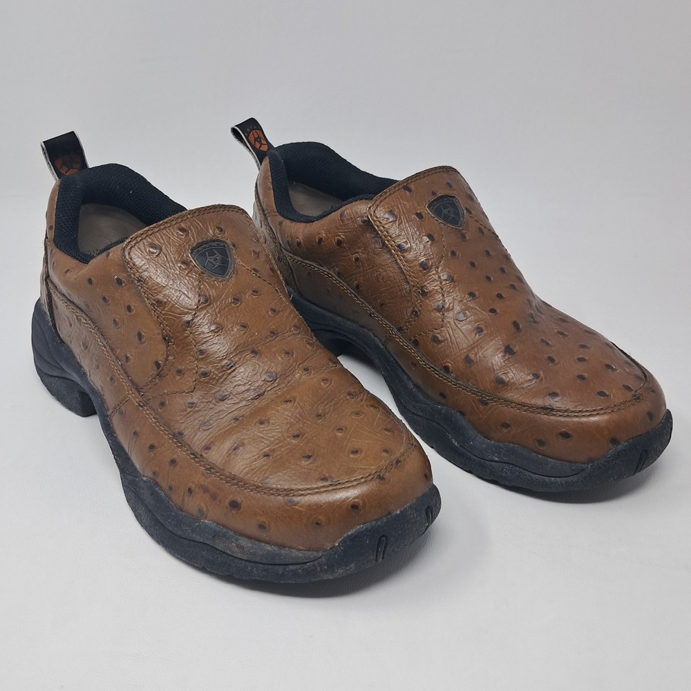 Ariat Mens Shoes 8 D Brown Ostrich Print Leather Slip On Work Boots Clogs 34026